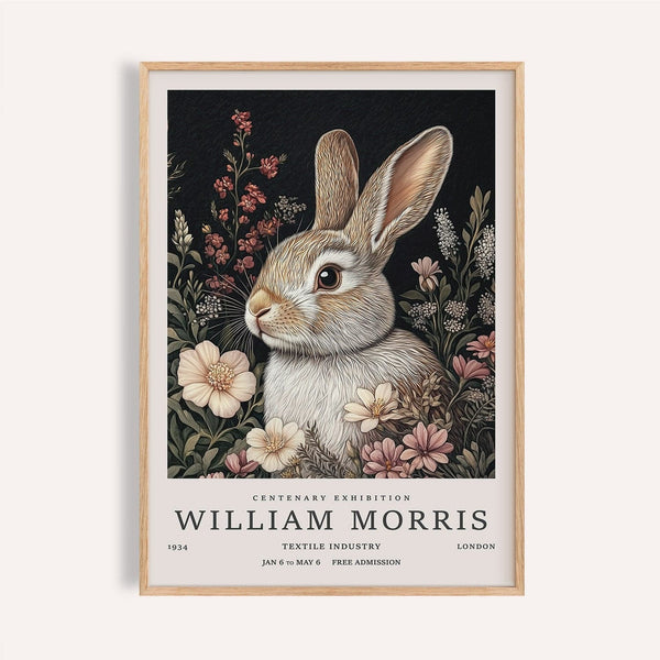 Vintage rabbit art with soft bunny and wildflowers on black background