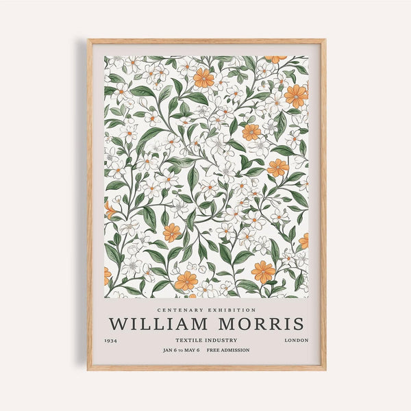 Vintage prints flowers with orange blossoms and green leaves on ivory