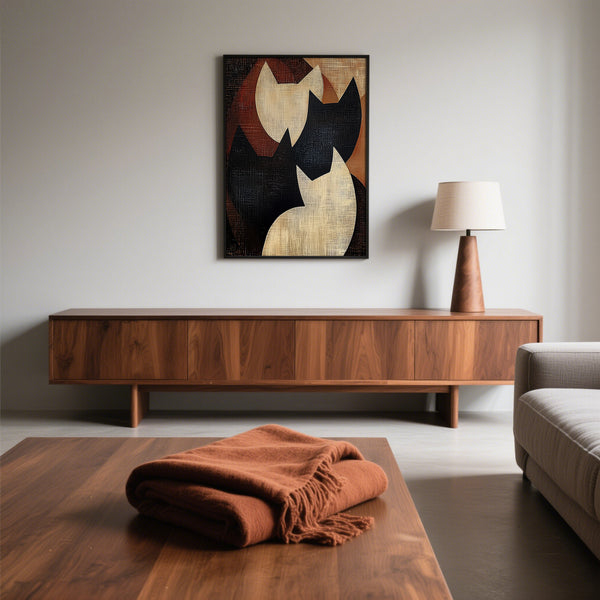 Elegant abstract cat art for Japandi-style walls with subtle warmth