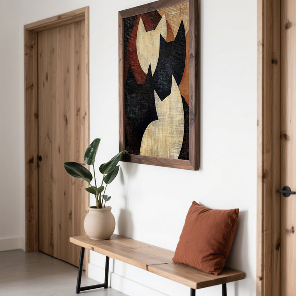 Japandi-style abstract cat art with earthy colors and textured finish
