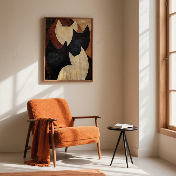 Rust and beige abstract cat art for serene home office decor