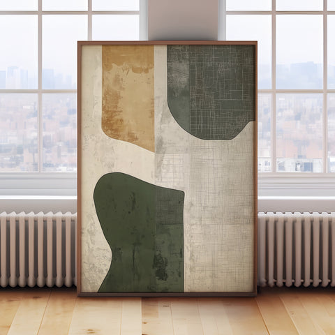 Calming Japanese abstract wall poster in greens and beige, perfect for minimalist decor

