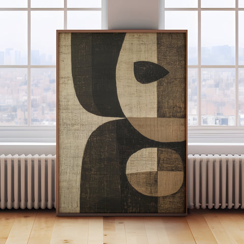 Earth Elements Wabi Sabi-inspired wall art in brown and black geometric shapes