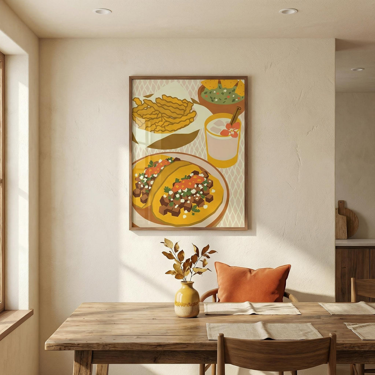 Dining room with a wooden table, chairs, and a wall art depicting food.