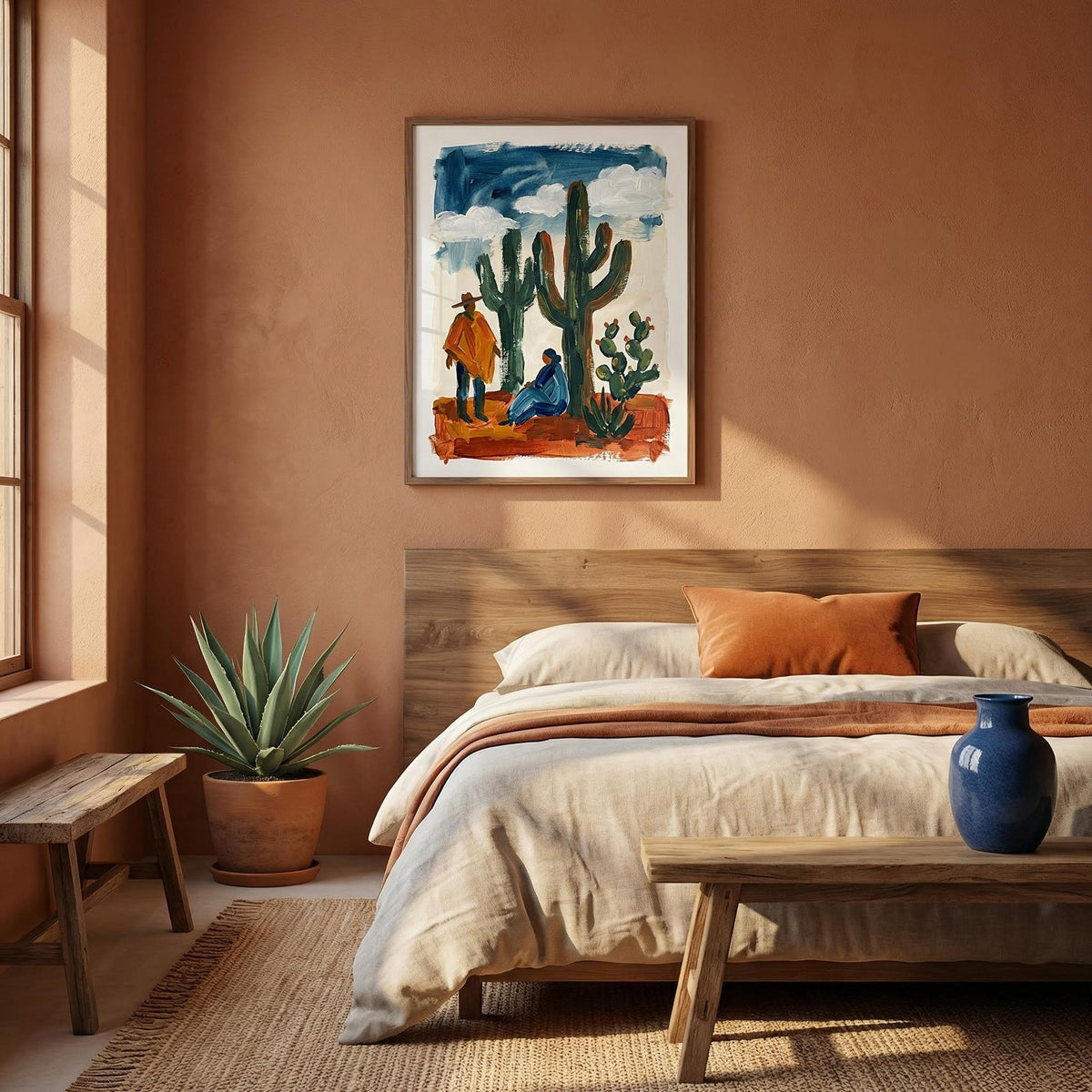 Bedroom with wooden headboard, cactus painting, and decorative items.