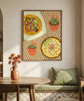 Decorative wall art of mexican food and potted plants in a living room setting.