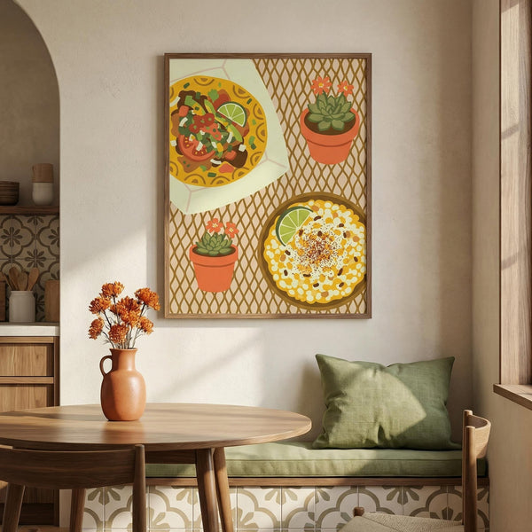 Decorative wall art of mexican food and potted plants in a living room setting.