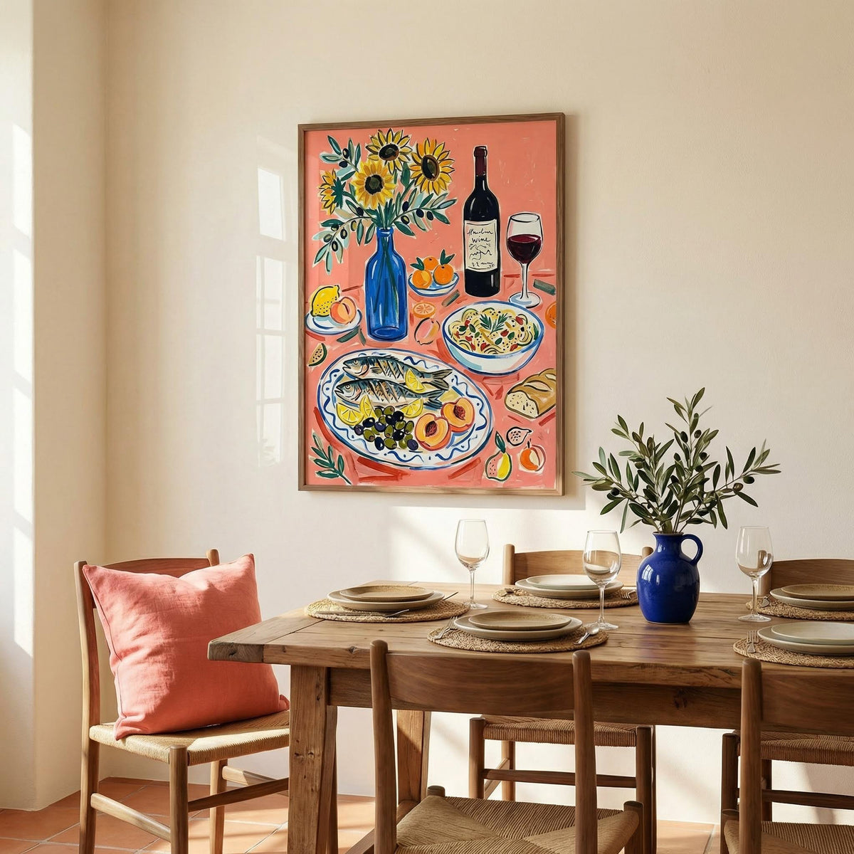 Dining room with a table set for a meal, chairs, and a colorful painting on the wall.