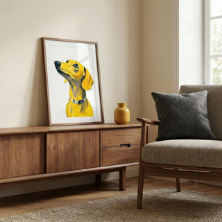 Living room with wooden sideboard, framed artwork of a dog, and gray sofa.