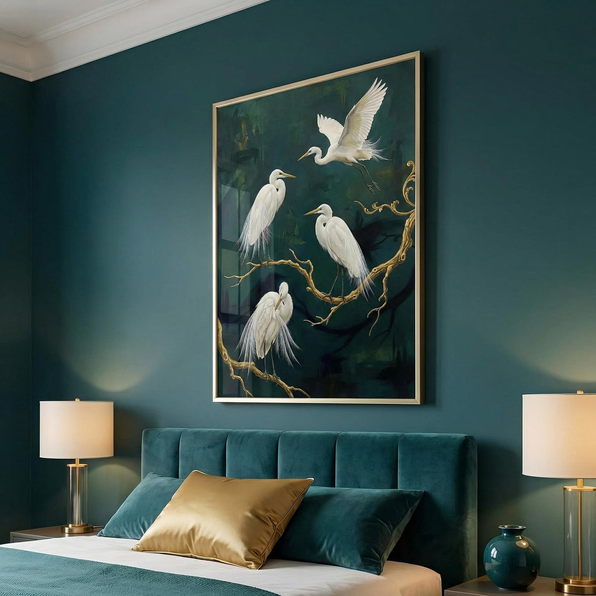 Framed artwork of white birds on a branch above a bed with teal headboard and gold lamps.