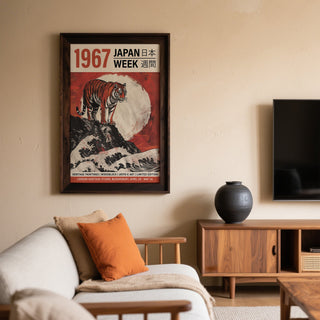 Tiger Moon Ukiyo-e Japanese woodblock print with wave pattern for living room