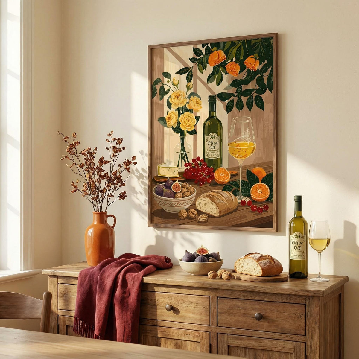 Wooden dresser with a painting of a still life scene, wine bottle, and fruit on a wall.