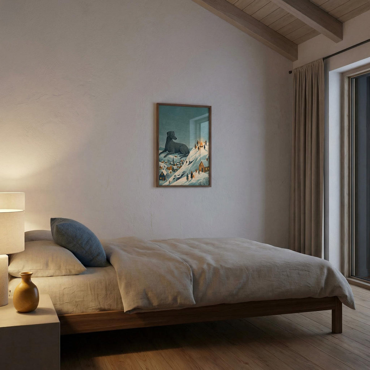 Modern bedroom with a bed, lamp, and wall art.