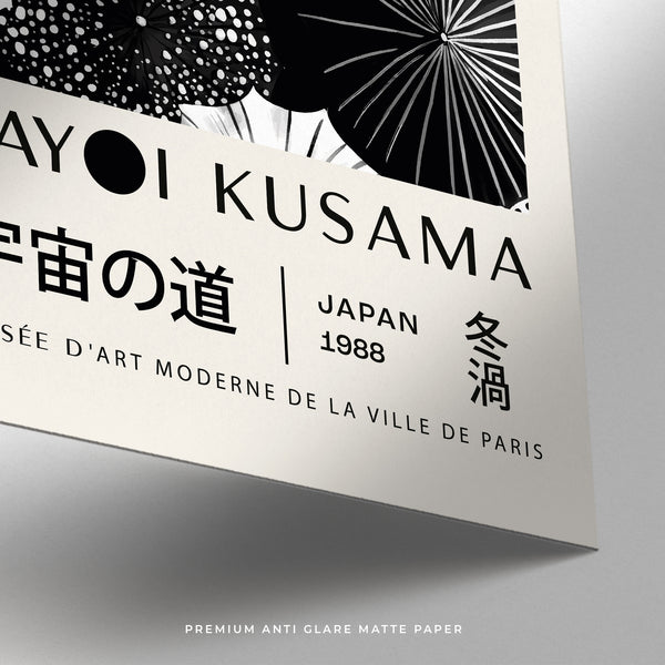 Art poster with 'YAYOI KUSAMA' text and design elements on a white background