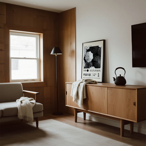 Winter Wall Art in modern living room with wooden sideboard, sofa, and decorative elements.