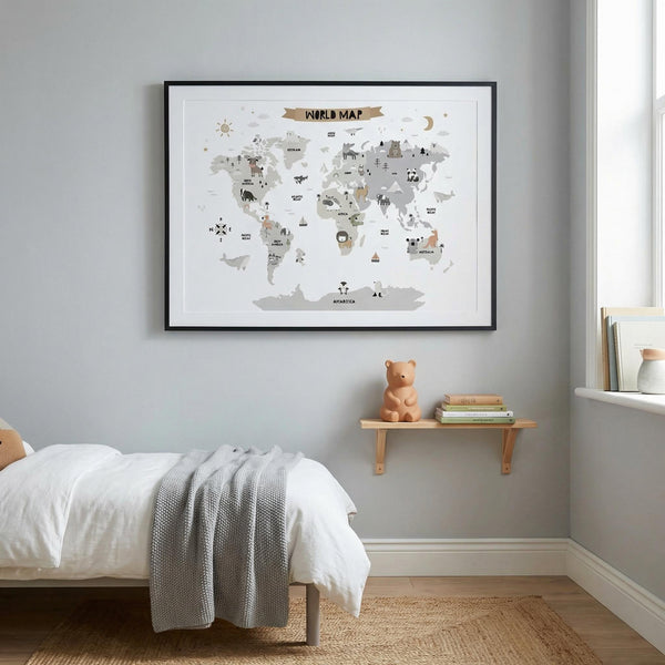 World map poster on a wall above a bed in a bedroom.