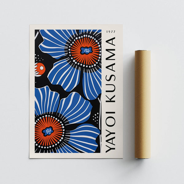 Floral home decor print with bold blue petals and orange centres
