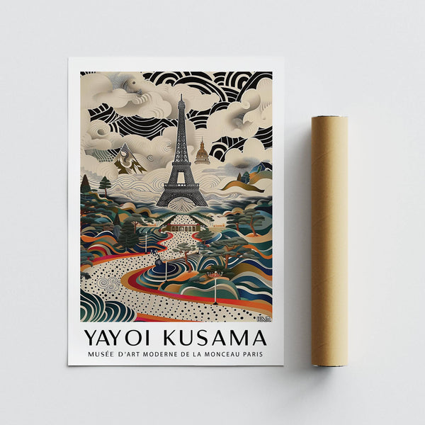 Black and white Eiffel Tower print with flowing designs