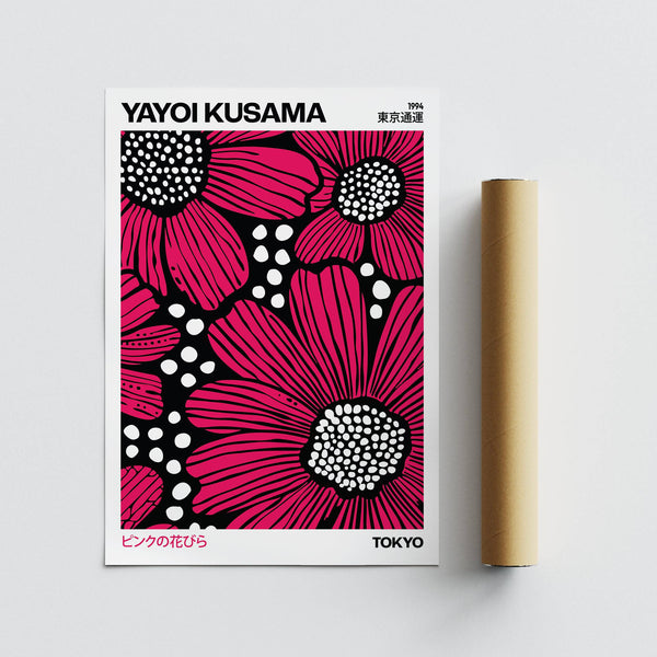Artistic pink posters with abstract petal arrangement in Kusama style