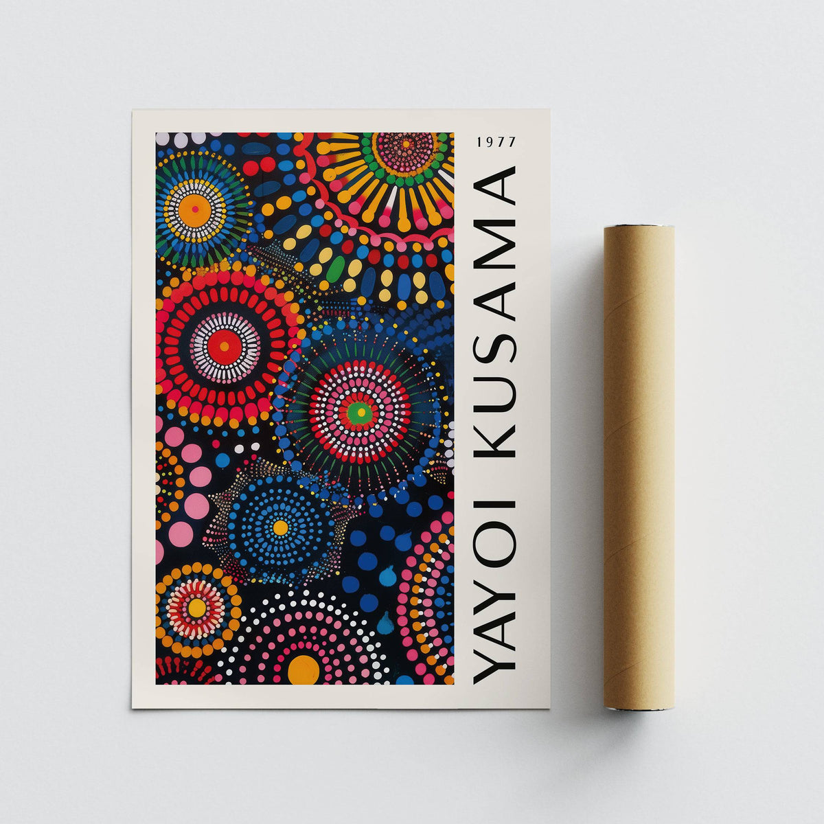 Matte print showcasing iconic Kusama mandala art for wall