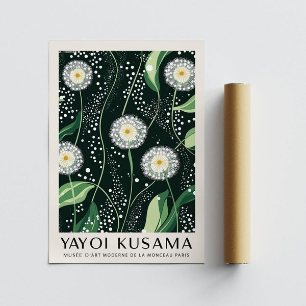 Nature-inspired dark green wall art with glowing dandelion details