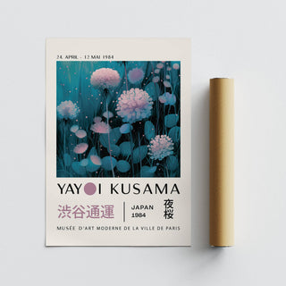 Deep-toned blue and purple abstract art with dotted botanical style