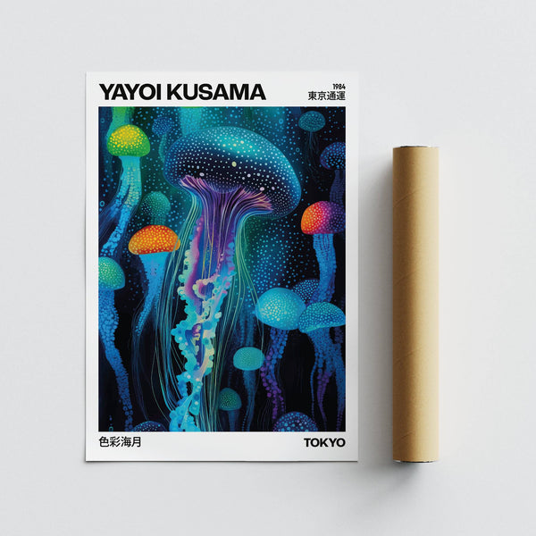 Colorful jellyfish poster inspired by Yayoi Kusama