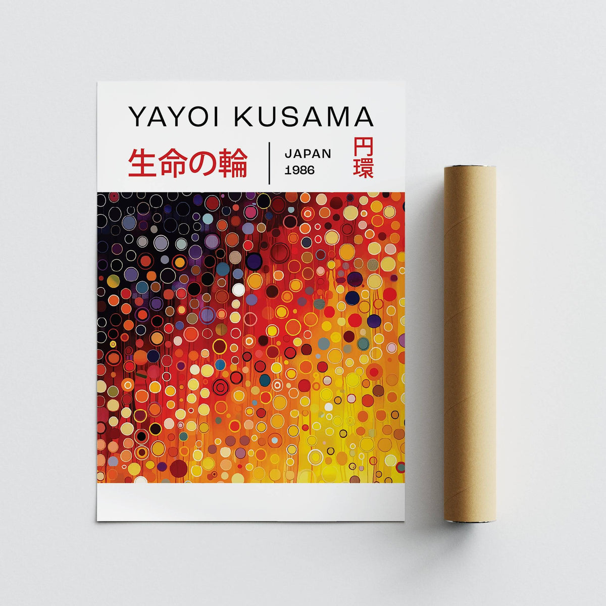 Yayoi Kusama dots print with colourful geometric compositions