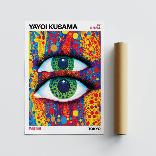 Hypnotic swirling colours and eyes in funky wall art print