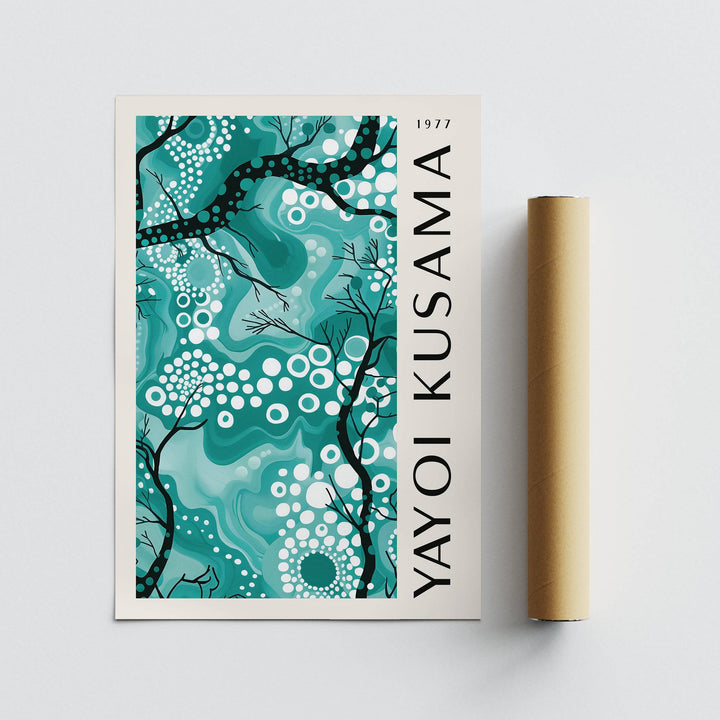 Branching Elegance abstract branches with dots in teal and black alongside a packaging tube