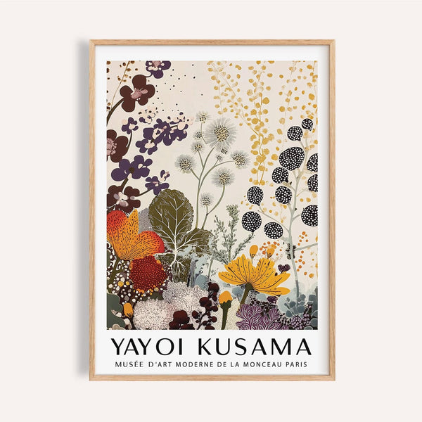 Print Yayoi Kusama featuring rust blooms and plum floral accents on matte paper
