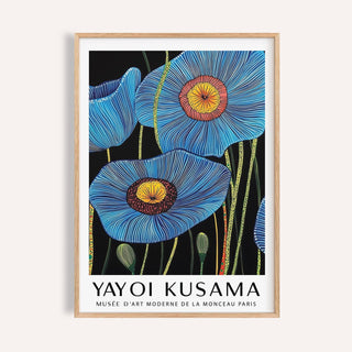 Big flower wall art in deep blue with yellow centers for living room decor