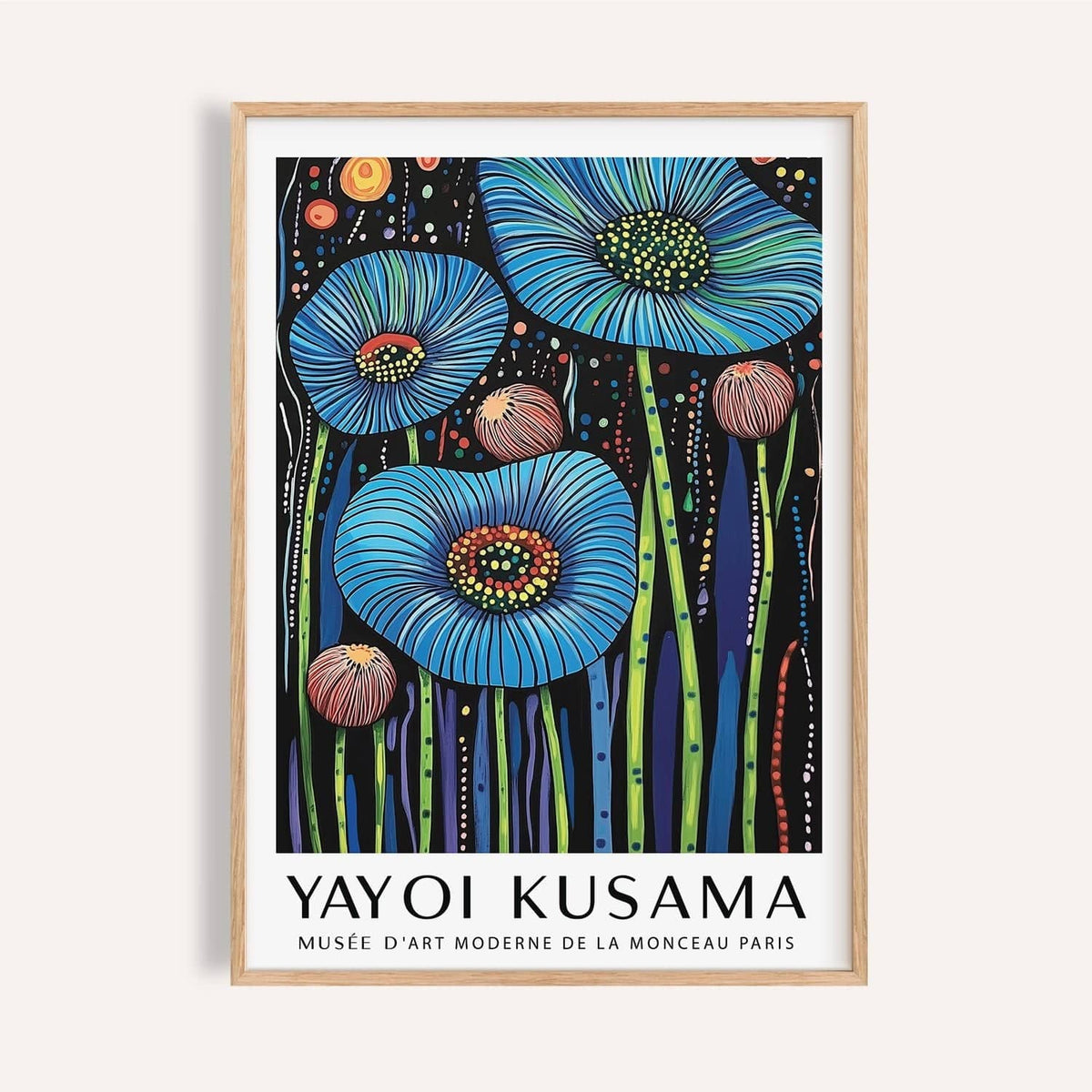 Wall art floral print in blue and yellow with dotted centers for living room walls