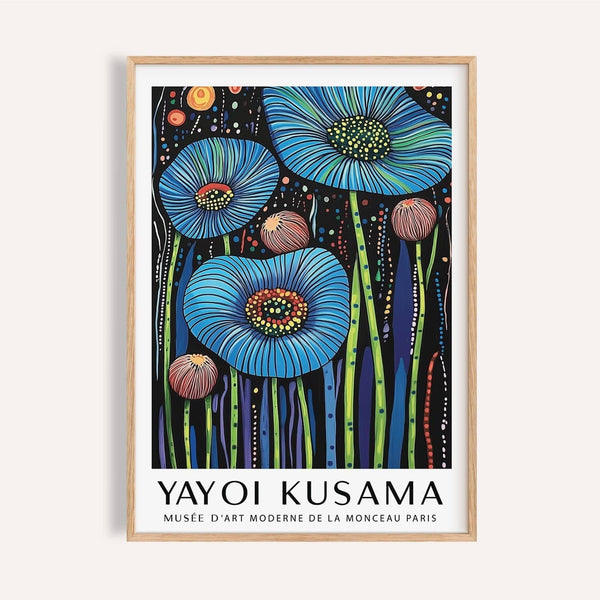 Wall art floral print in blue and yellow with dotted centers for living room walls