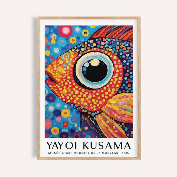 Colorful fish art print in tangerine and pink for playful living room decor