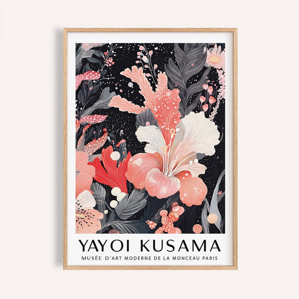 Black and pink wall art featuring coral florals and dotted accents for living room decor