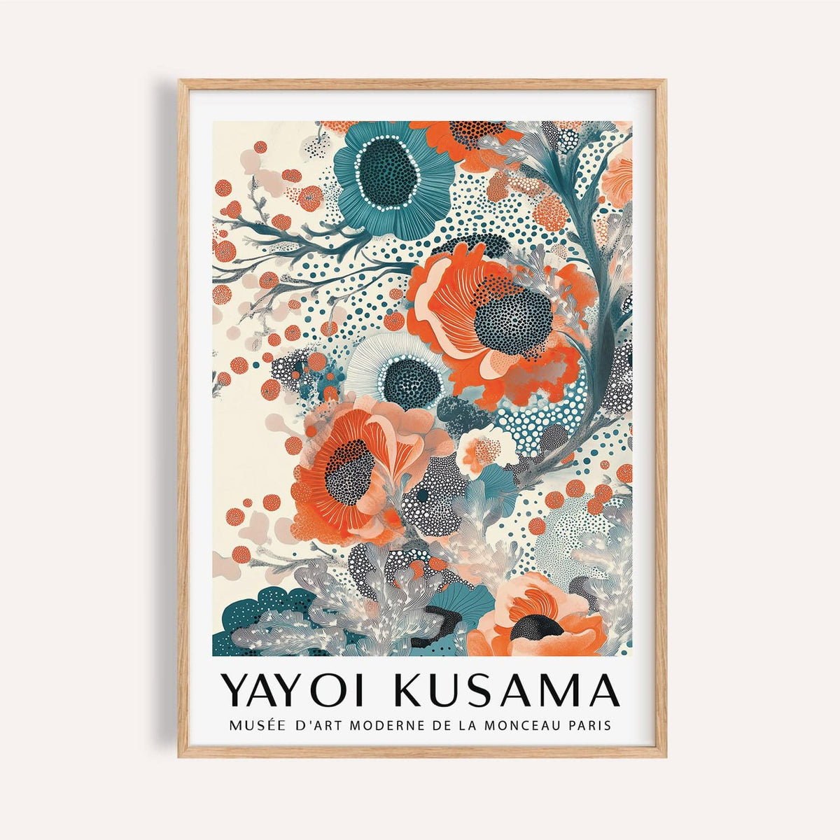 Teal and orange wall art with bold floral forms for modern living rooms