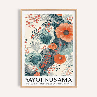 Orange and Teal Decor framed print of orange flowers and abstract teal foliage on a cream background