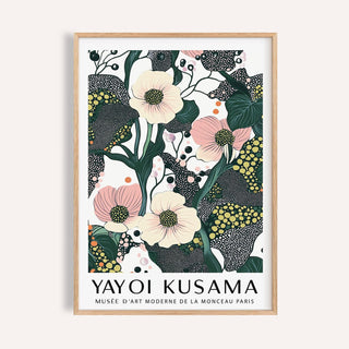 Framed close-up of green pink wall art with poppy flowers and dotted patterns
