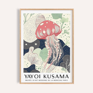 Unique Large Wall Art framed close-up of pink jellyfish illustration with green leaves on pale background