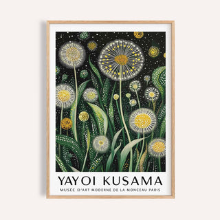 Floral wall art modern print with yellow dandelions and green abstract foliage.