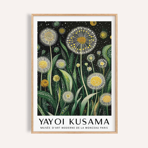 Floral wall art modern print with yellow dandelions and green abstract foliage.