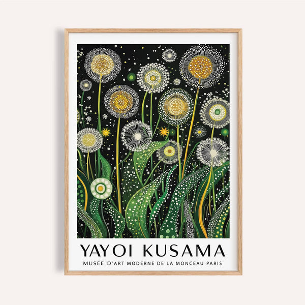 Botanical wall art with golden dandelions and green leaves for nature lovers.