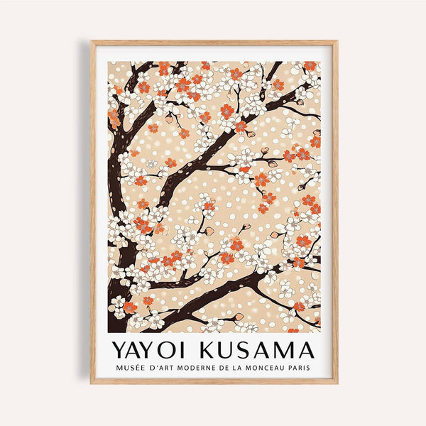Cherry blossom tree art with peach background and red blossoms for living rooms.