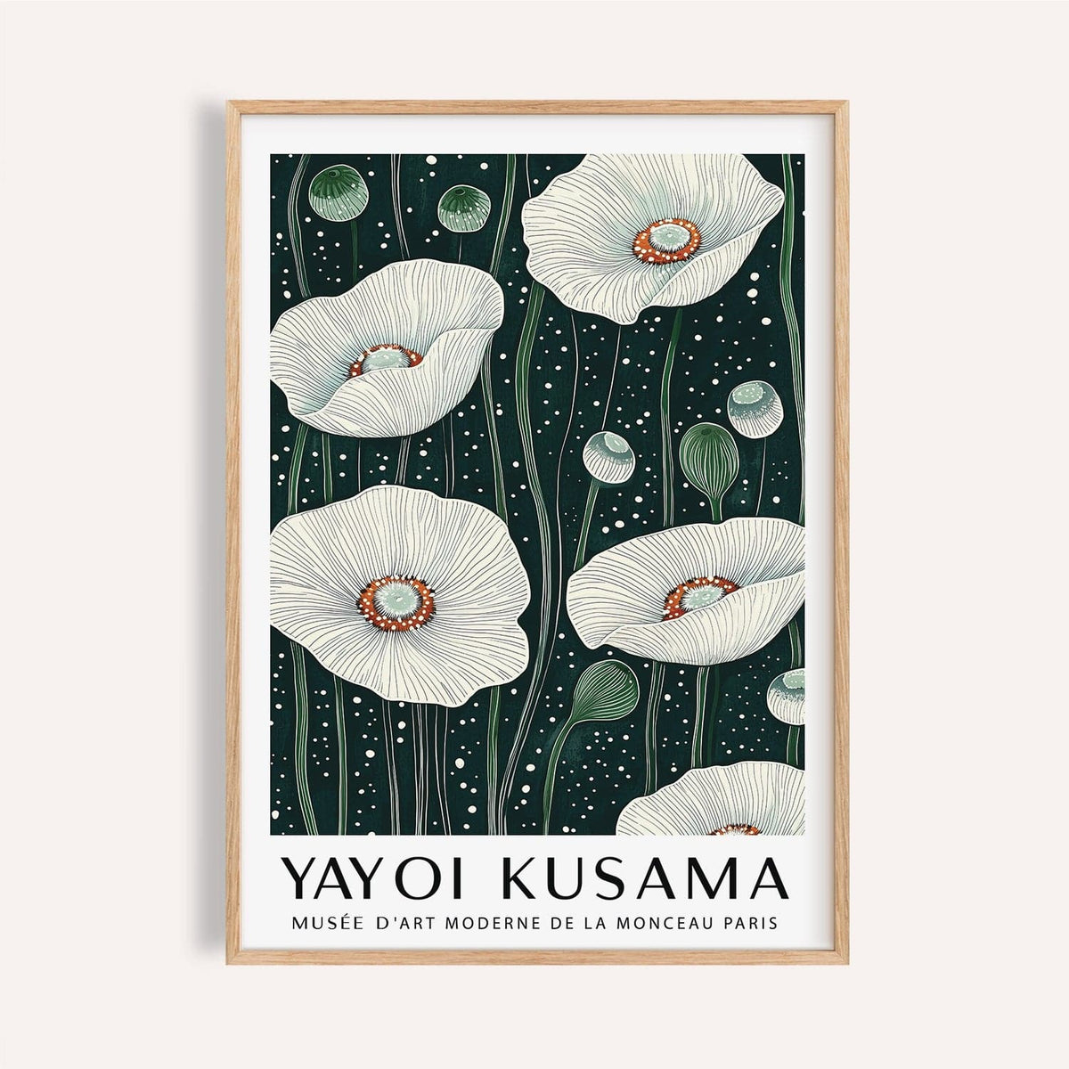 Poppy wall art with white line flowers and green background for modern interiors.