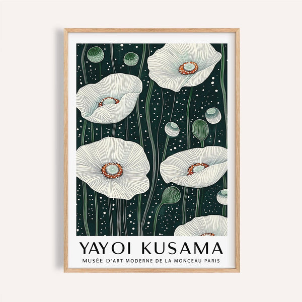 Poppy wall art with white line flowers and green background for modern interiors.