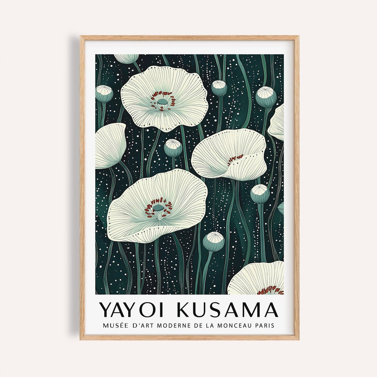 Poppy prints featuring white line-drawn flowers on green for modern living rooms.