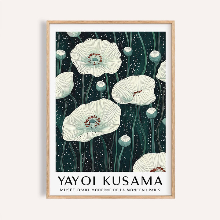 Poppy prints featuring white line-drawn flowers on green for modern living rooms.