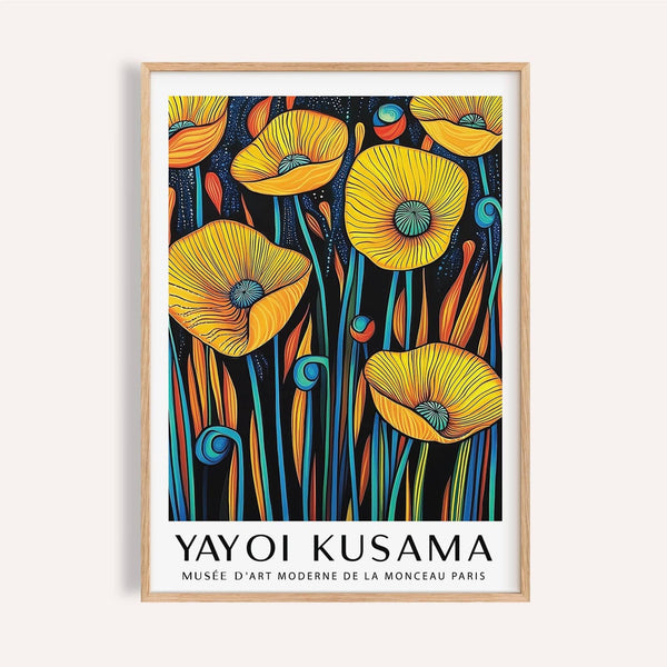 Yellow and orange poppies wall art with blue stems for the living room.