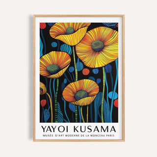 Art of poppies with bold yellow and orange flowers on black background.